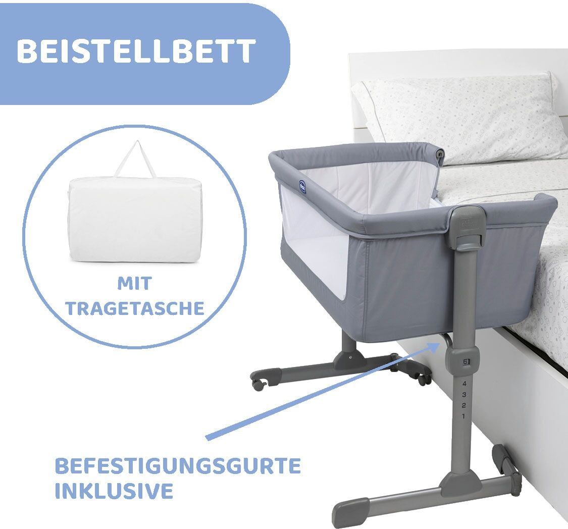 Beistellbett CHICCO "next2me essential", Baby, Gr. B/H/L: 70,5cm x 65cm, kein Härtegrad, grau (stone re_lux), Polyester, Babybetten Beistellbett, Housse partiellement en matériau recyclé stone re_lux B/H/L: 70,5cm x 65cm, kein Härtegrad