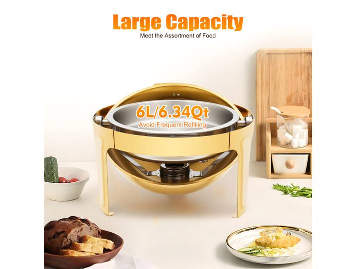 NOUVEAU Réchaud de buffet rond 6QT en acier inoxydable avec cadre épais pour événements de restauration, fêtes, dîners, doré