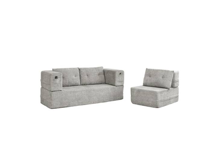 Modfu Schlafsofa aus Stoff Hellgrau klappbar als 2-in-1 Modulsystem mit Sessel und Seitentaschen, 199x39x194 cm, Babymöbel & Kindermöbel, Kinderzimmer & Jugendzimmer, Schlafsofas