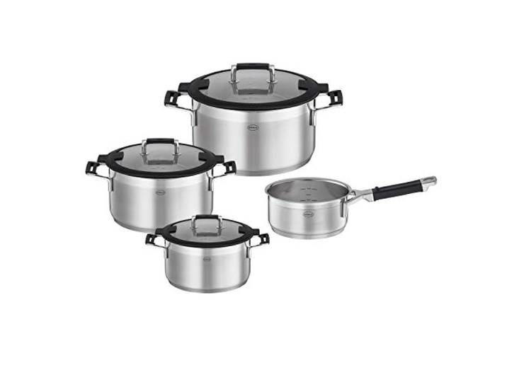 RÖSLE SILENCE PRO Topf-Set 4-teilig, hochwertiges Universaltopfset mit 3 Kochtöpfen und 1 Stielkasserolle, Edelstahl 18/10, Glasdeckel, Innenskalierung, induktion & spülmaschinengeeignet, Silberfarben