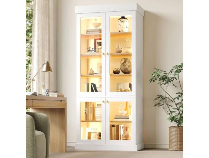 DUlVBPE Moderner Standhochschrank mit integrierter LED-Stimmungsbeleuchtung, Glasvitrine, durchdachter Innenaufteilung und Kippschutz, stabil, sicher und vielseitig für Zuhause,Weiß