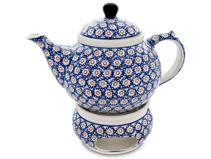 Bunzlauer Keramik 1,25L Teekanne mit Stövchen – Klassische, rundliche Form mit elegant geschwungenem Ausguss (Dekor 4)