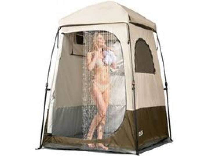 VEVOR Duschzelt mit 1 Raum, Wasserfestes Toilettenzelt (145x145x215 cm), Umkleidezelt inkl. Heringen & Seilen & Tragetasche & Querstange, aus 210D Oxford-Gewebe für Camping Strand Angeln Khaki
