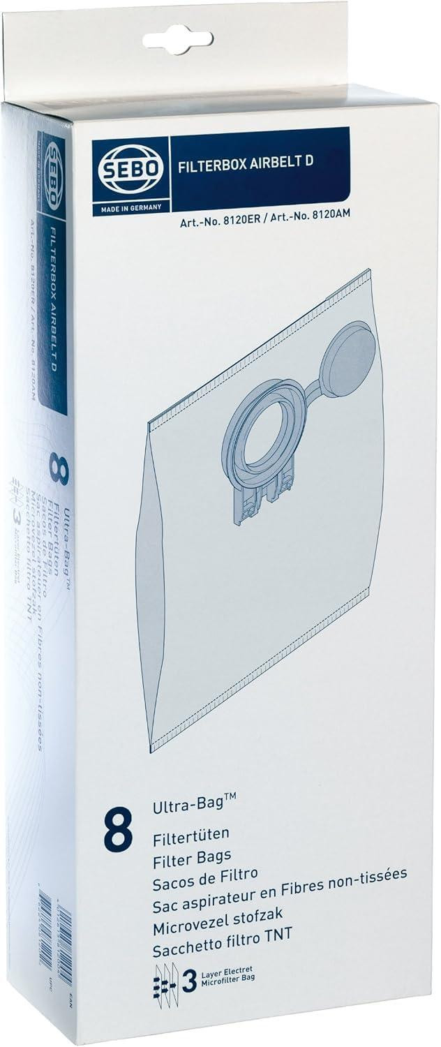 Sebo Filterbox D 8120 voor Sebo Airbelt D, inclusief 8 Ultra-Bag elektret filterzakken, 3-laags, met filterdeksel, wit, Filterzakinhoud: 6 liter