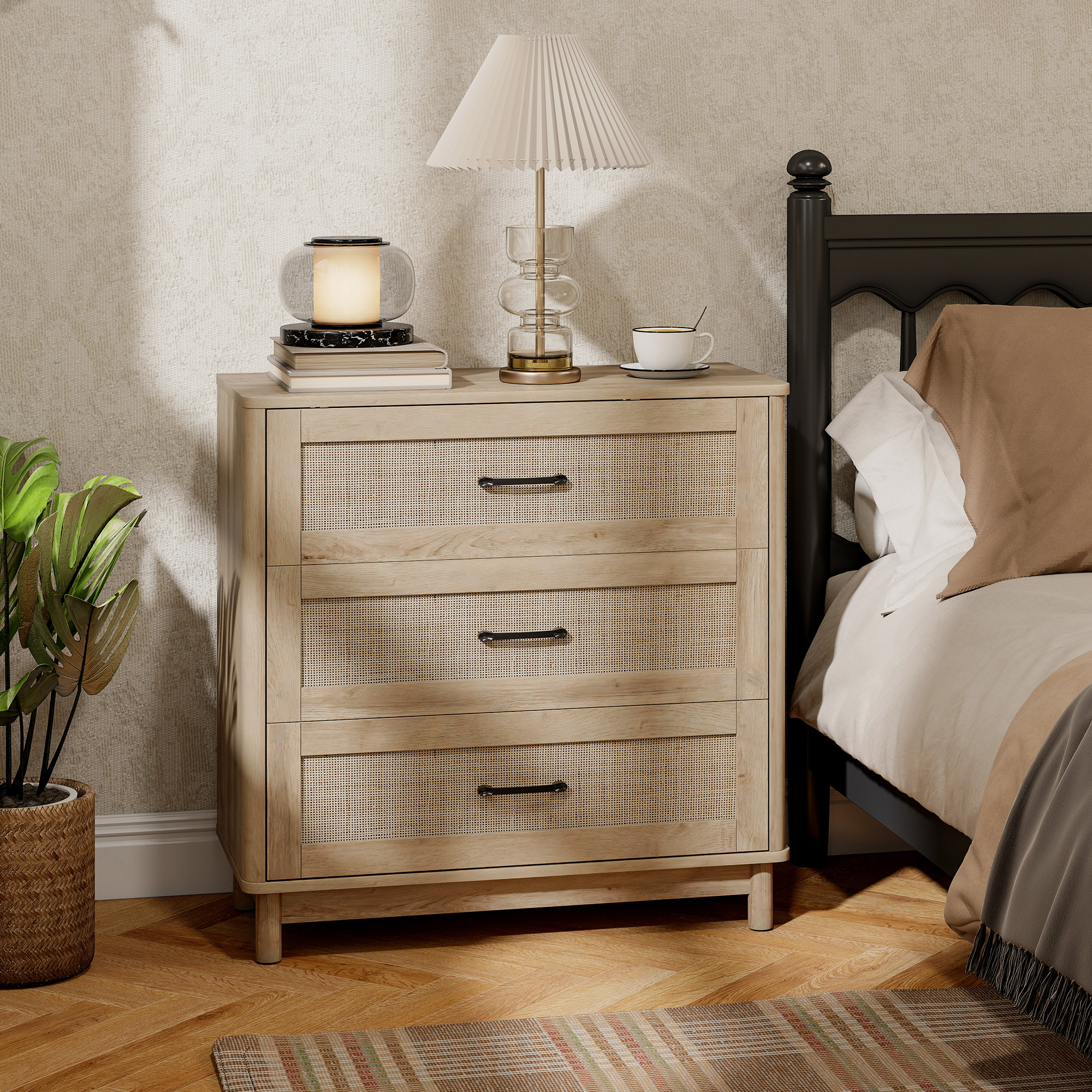 Homcom Comò con 3 Cassetti in Rattan e Piedi in Legno Massello, 76x35x76 cm, Rovere   Aosom Italy