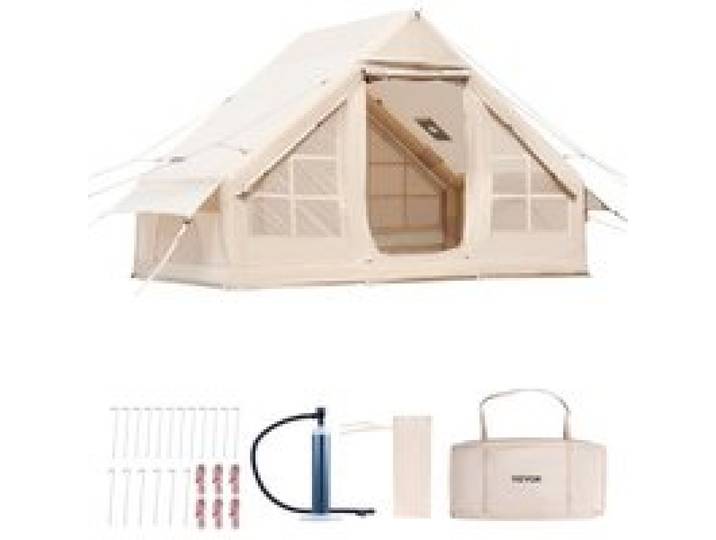 VEVOR Opblaasbare Campingtent 3x2x2m, 3-5 personen, 300D Oxford 4-seizoenen glampingtent met handpomp, aansluiting voor kooktoestel, 2 deuren en 2 gaasramen, incl. opbergtas voor transport