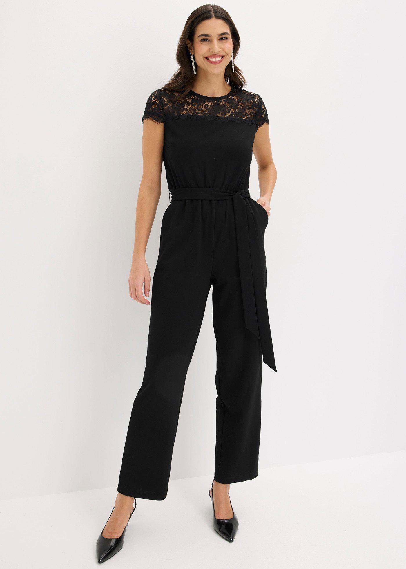bonprix Overall aus feinem Jersey mit Spitze, schwarz, Gr.36/38 (S), Modern und feminin: Overall aus feinem Jersey mit Spitze im Oberteil und Bindeband an der Taille