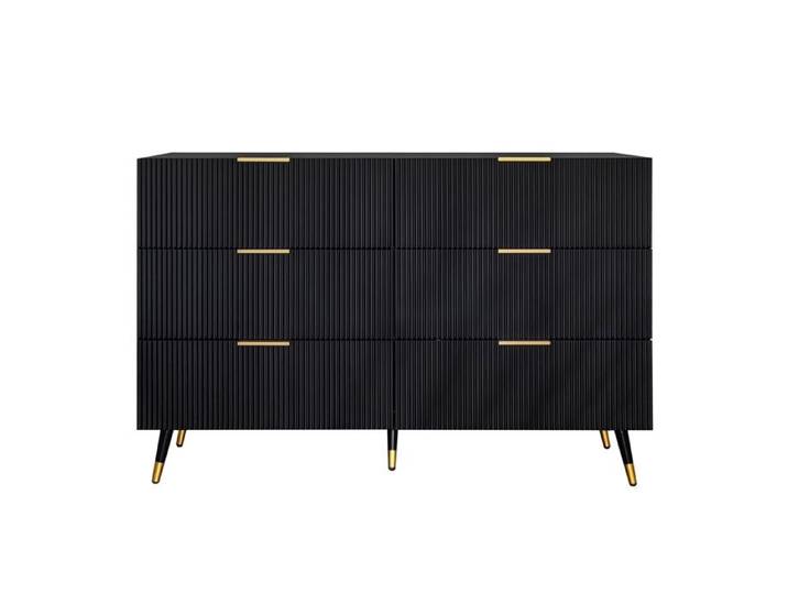 Commode Noire Élégante 6 Tiroirs Moderne - Design à Rayures Verticales et Poignées Dorées - Rangement Maximal
