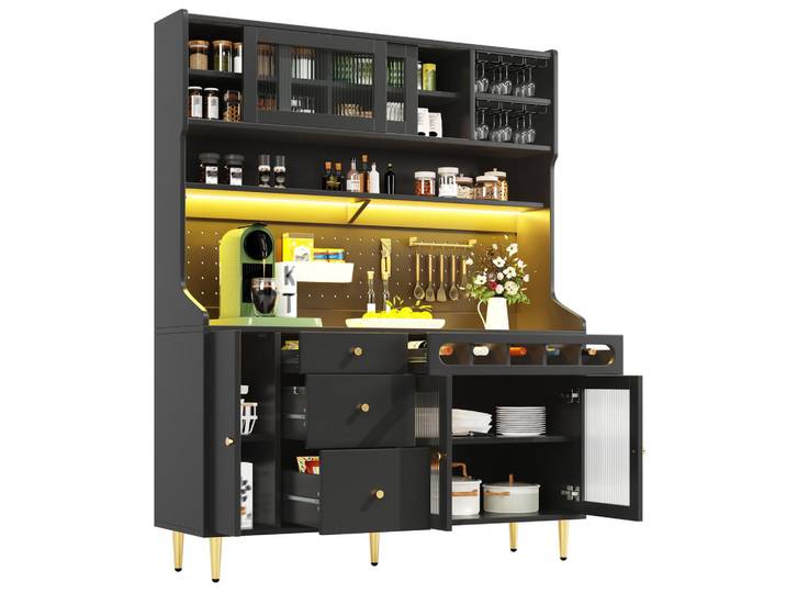 Evryae Buffet mit LED-Beleuchtung, Weinregal und verstellbaren Böden, Schwarz, Metall, 5 Fächer, 3 Schubladen, Rechteckig, rund, 145x171x39 cm, Esszimmer, Anrichten, Buffetschränke