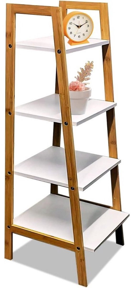 Houten Ladder Rek met 4 Witte Planken voor als Boekenkast of Planten Display