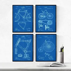 POSTER Set mit 4 Blau Fahrrad Patent A4 Rahmenlos