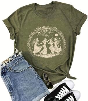 Lush Living Finds Moonlit Dancing Witches Graphic Tee For Women Witchy Boho Shirt Casual Vintage Top b l