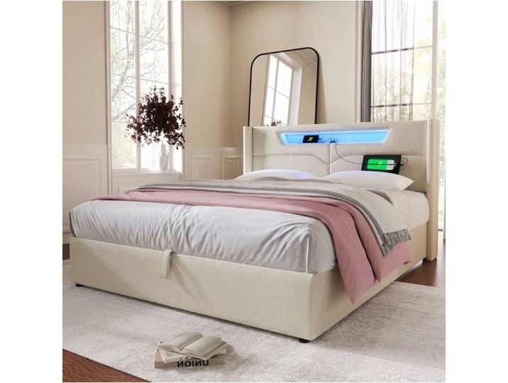 lit coffre double SENVIRO en lin beige avec tête de lit lumineuse 160 x 200