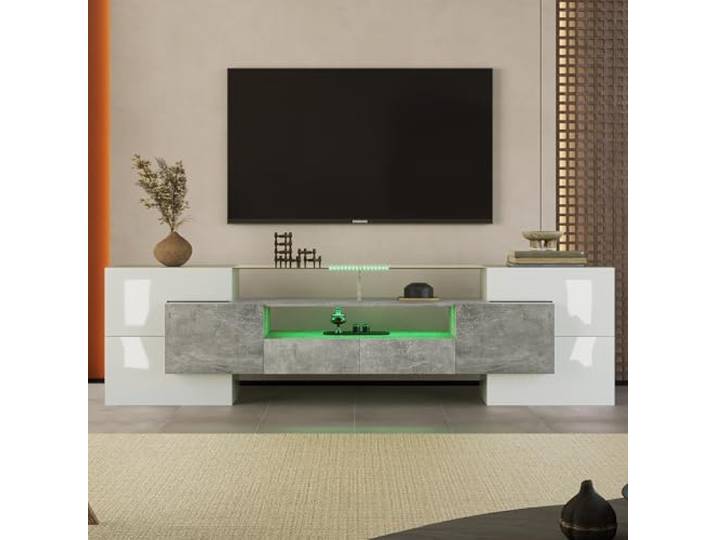 BTM Stilvoller TV-Schrank, Lowboard hochglänzendes Weiß+Grau, 200 cm, LED-Beleuchtung, Wohnzimmermöbel. Modernes Design, Elegante Glasoberfläche