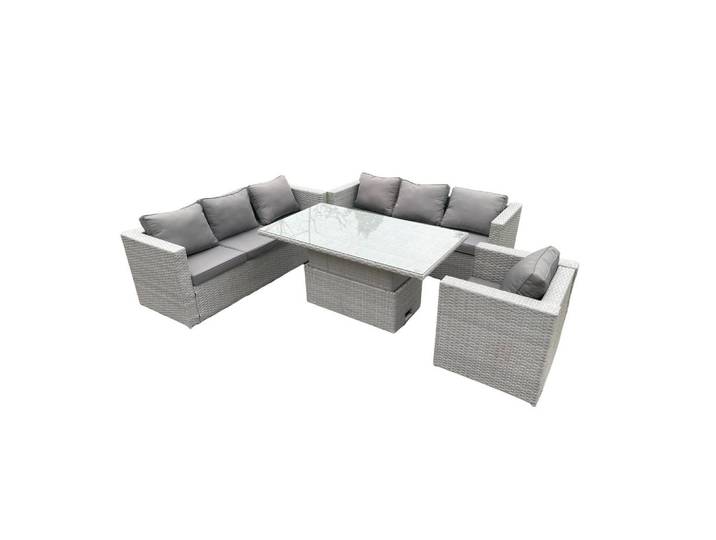 Fimous Gartenmöbel SET Polyrattan Helles Grau 7-Sitzer, Hellgrau, Metall, rechteckig, Gartenmöbel, Gartengarnituren, Gartenmöbel-Sets