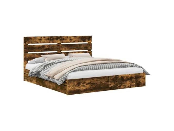PUGYNBK Bett mit Schublade, rauchige Eiche, 180 x 200 cm Robustes Holz, elegantes Kopfteil, einfache Montage, platzsparend