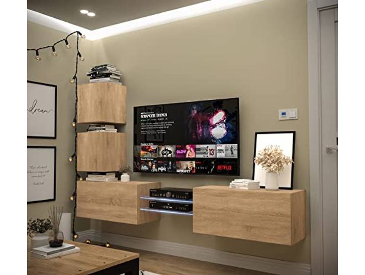 Furnitech Wohnwand Wohnzimmer Wohnzimmer Möbel mit LED Weiß Hängend Wohnwand Modern Wohnzimmer Schrankwand mit Regale und TV Schrank (AN100-2S-M5-1B)