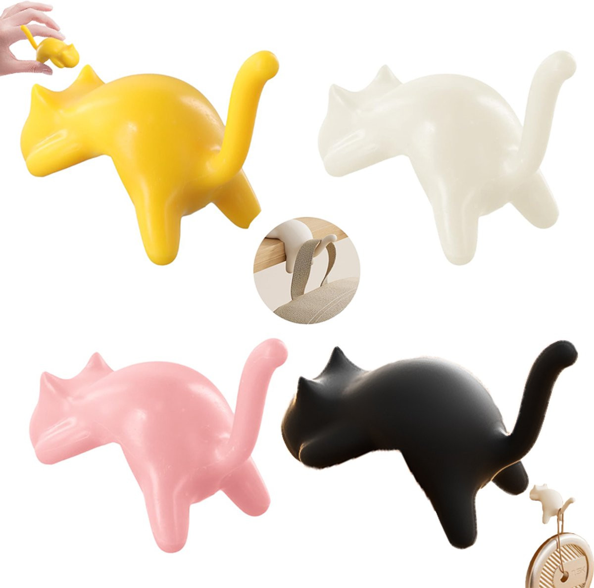 Set van 4 bureautashouders met kattenthema - Tassenhanger voor rugzakken en tassen - Gebroken wit, zwart, geel en roze