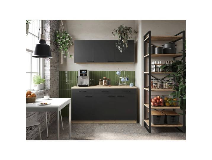 Respekta Miniküche Merle, Schwarz, Eiche, 3 Schublade(n) Schubladen, links montierbar, rechts montierbar, 150 cm, in den Filialen individuell planbar, Zusatzausstattung erhältlich, Küchen, Miniküchen