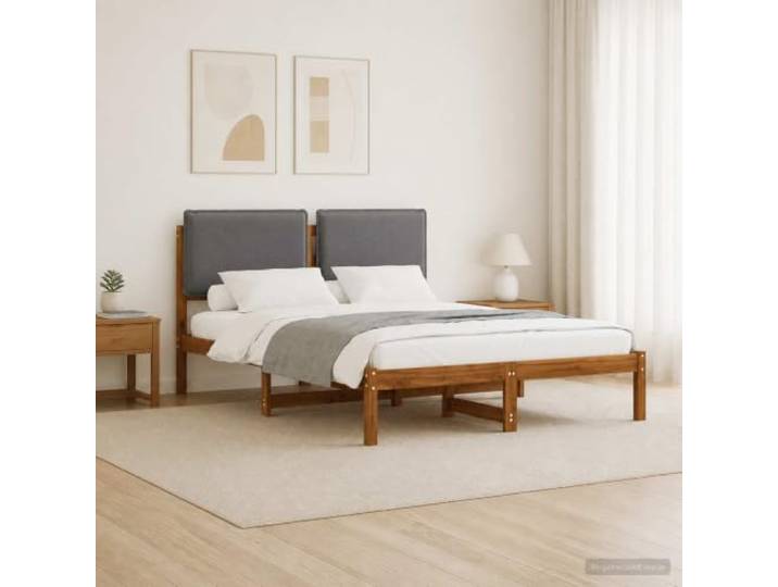 Bettgestell aus massivem Akazienholz mit Kopfteil aus Stoff Massives Akazienholz, gepolstertes Kopfteil aus Stoff, Bezug abnehmbar und waschbar, 100 % Polyester, Leinenoptik, Design