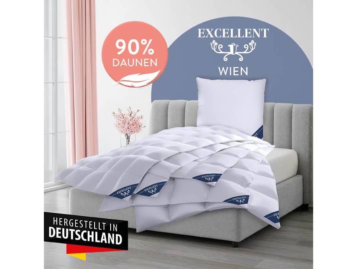 Daunenbettdecke EXCELLENT Wien, Bettdecken für Sommer und Winter, Decke , weiss (weiß), B:155cm L:200cm, Bezug: 100% Baumwolle. Füllung: 90% Daunen, 10% Federn, Bettdecken, Daunenbettdecke, Bettdecke 135x200 cm, made in Germany, allergiker geeignet (Hausstaub)