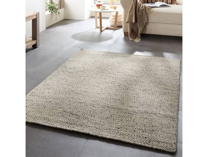 Wollteppich THEKO Trondheim PO-502 , grau, B:65cm H:10mm L:130cm, Schurwolle, Teppiche, Wollteppich, Handweb Teppich, Flachgewebe, reine Wolle, handgewebt, Rauten Muster