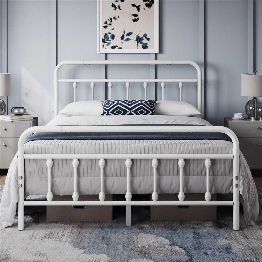 Yaheetech Metal Bed Frame with Vintage Headboard White Double (4'6)