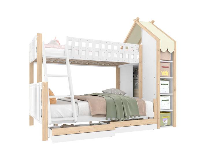Oxeza Etagenbett 90/200 cm Weiß + Natur mit Bettgitter, 2 Schubladen und Unregelmäßiger Zaun, Holz, Mode, Rechteckig, 90x200 cm, Babymöbel & Kindermöbel, Kinderzimmer & Jugendzimmer, Stockbetten