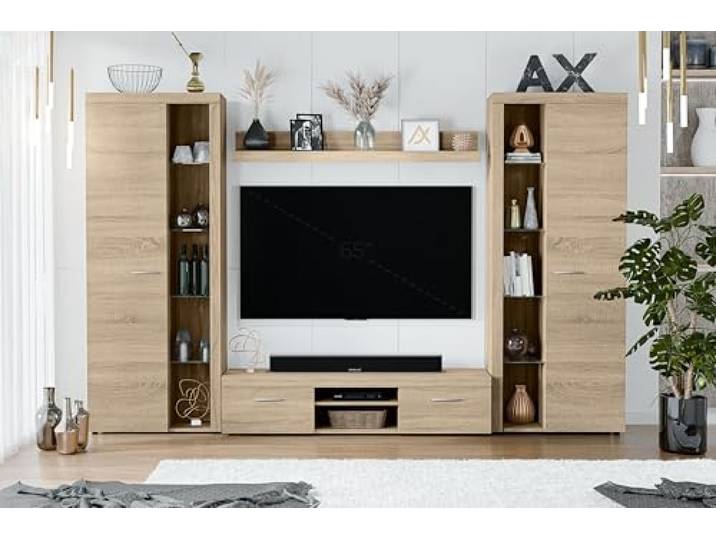 AXLIVING Spacoro XL Wohnwand Sonoma Eiche 300 cm breit modern Zwei Vitrinen, ein Wandregal und ein TV-Unterschrank bieten offene und geschlossene Fächer. Transparente Glasböden.
