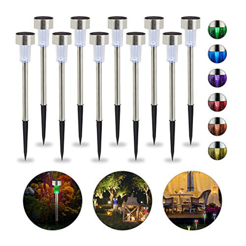 Relaxdays set van 10 LED solarlampen met kleurverandering en schemersensor, zilver