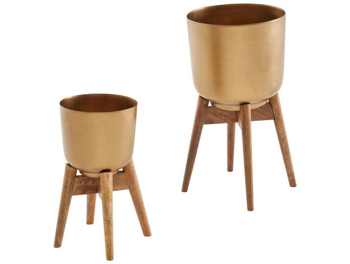 Mid.you Übertopf-Set, Goldfarben, Holz, Metall, 2-teilig, Mangoholz, massiv, rund,rund, Dekoration, Blumen & Blumentöpfe, Übertöpfe