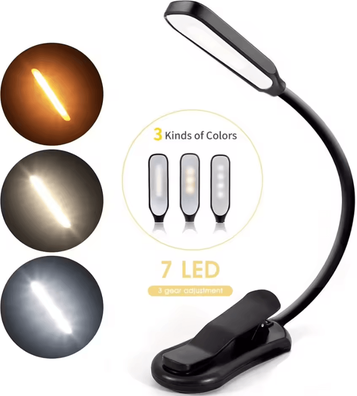 Inspire Curations 7 LED Rechargeable Clip On Book Light 3 Color Flexible Reading Lamp black Rechargeable