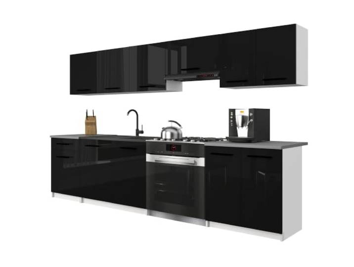 Belini Italia 2 Küchenzeile Küchenblock 240cm Schwarz Hochglanz Küchenset als gerade Küchenzeile, weiße Korpusse, DECOR ECONATURA Material, kratzfest, ohne Elektrogeräte, mit Arbeitsplatte