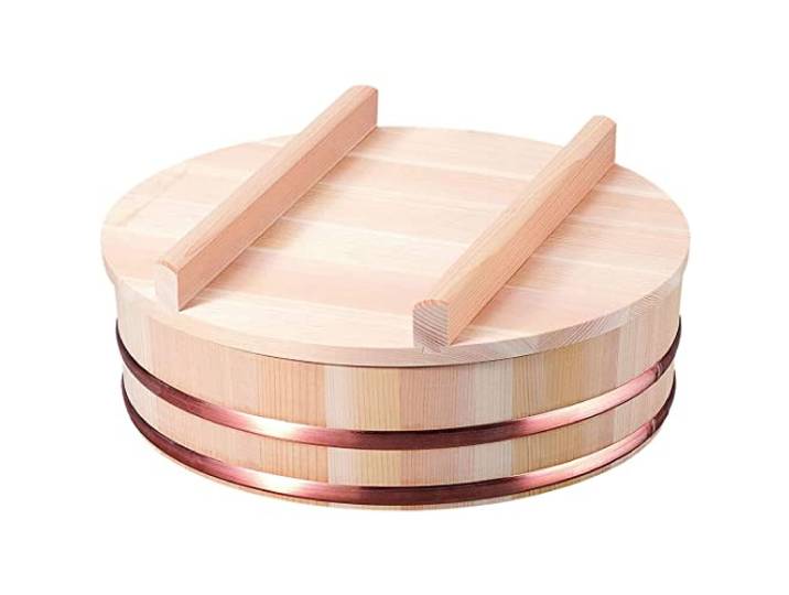 TIKUSAN Hangiri Sushi-Reis-Mischwanne aus Holz, Kupferband mit Deckel, hergestellt in Japan, aus Sawara-Zypresse, Sushi-Reisschale mit Deckel, Sushi-Oke (27 cm)