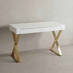 KADIMA DESIGN Hochglanz-Weißer Schreibtisch, Goldene Beine, Modern, 2 Schubladen
