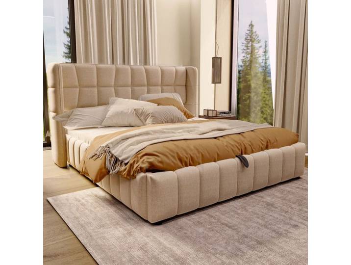 Lit rembourré 180x200 cm - lit adulte avec sommier à lattes tête de lit - lit coffre 180x200 cm - tissu en lin - 180x200 - beige