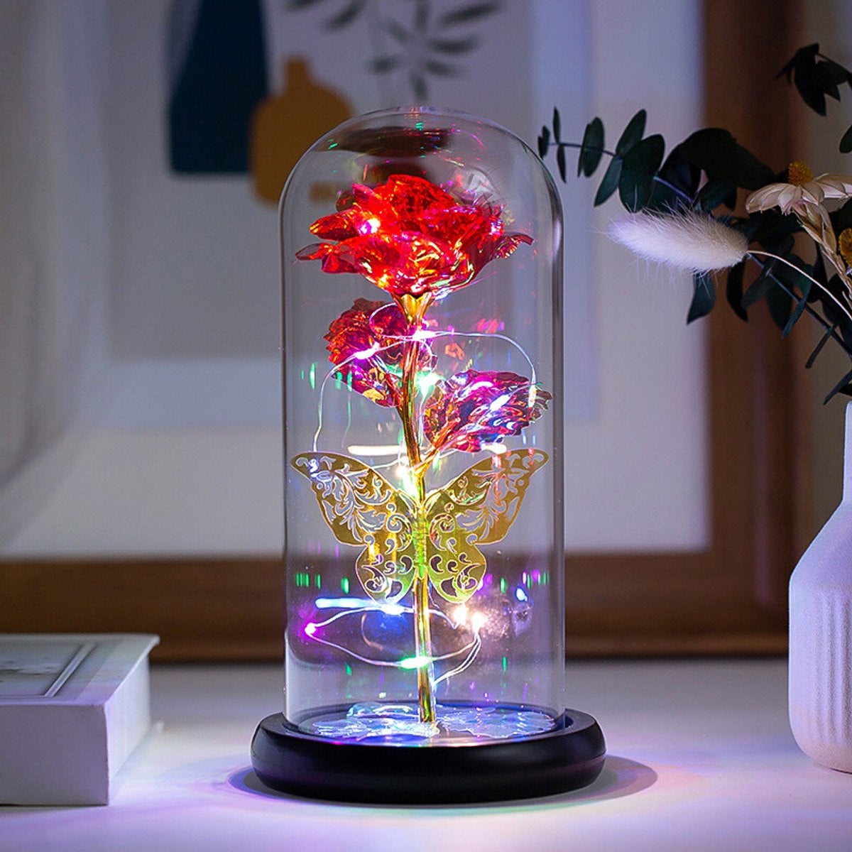Forever Rose Glitter Vlinder LED-lamp met glazen koepel - Rood