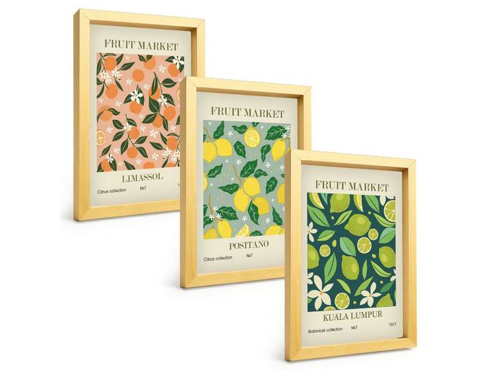 BILDER SET 3er Set - 20x30 cm Goldrahmen - Fruchtige Zitrusblütenmuster
