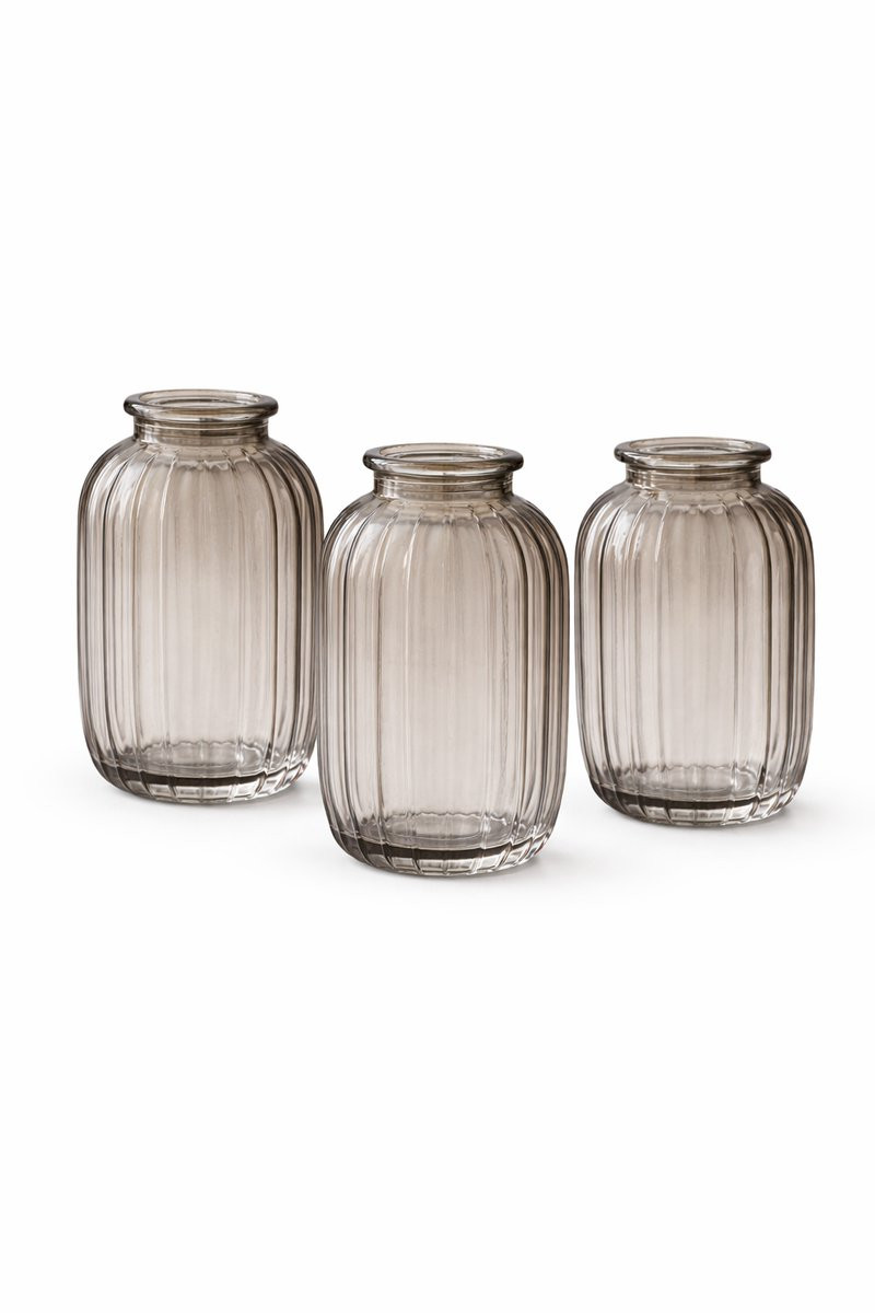 Set van 3 geribbelde glazen mini vaasjes grijs, Ø7 x 12 cm