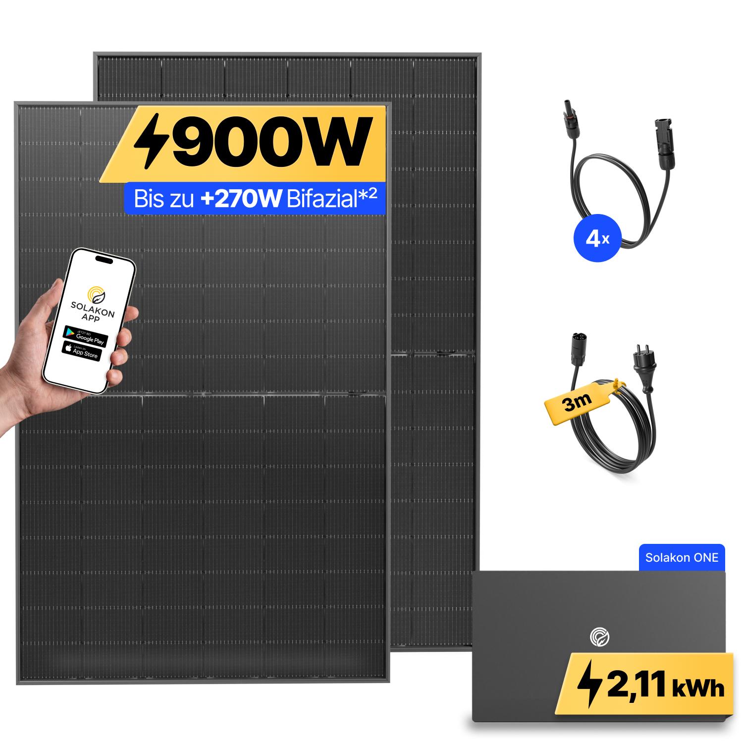 900W Balkonkraftwerk mit Speicher Solakon ONE (2,11 kWh) Solaranlage Steckerfertig WIFI Komplettset Photovoltaik Anlage 800W, Kabellänge: 3m