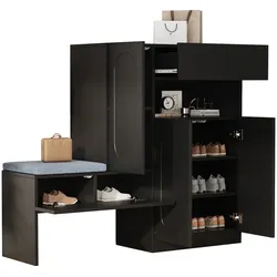 Schuhschrank 130x35x110 mit Sitzbank, 2 höhenverstellbare Böden, offenem Fach, gepolsterte Bank, Stauraum, modern, Schwarz