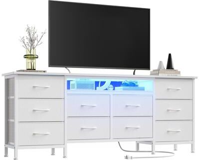 Garvee "Modern 63"" Long Dresser with 10 Fabric Drawers, LED Lights, Built-in Power Outlets, Wide Bedroom Storage Chest"