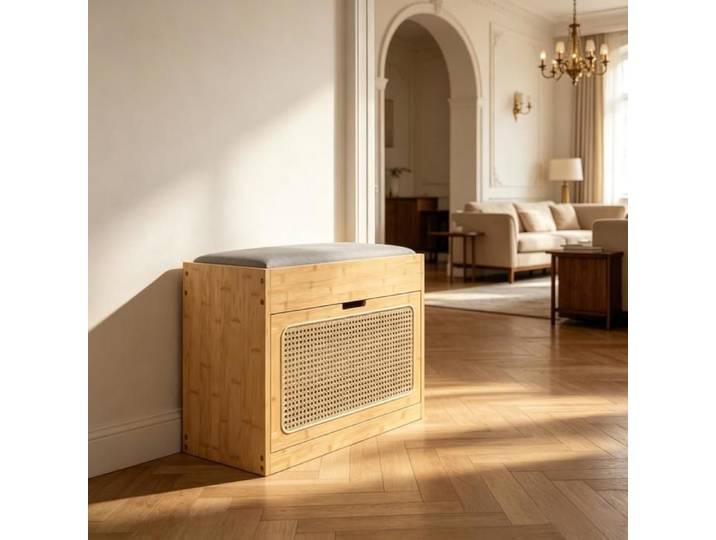 Banc à chaussures d'entrée en bambou - Banc de rangement avec coussin d'assise - Porte rabattable en rotin PE