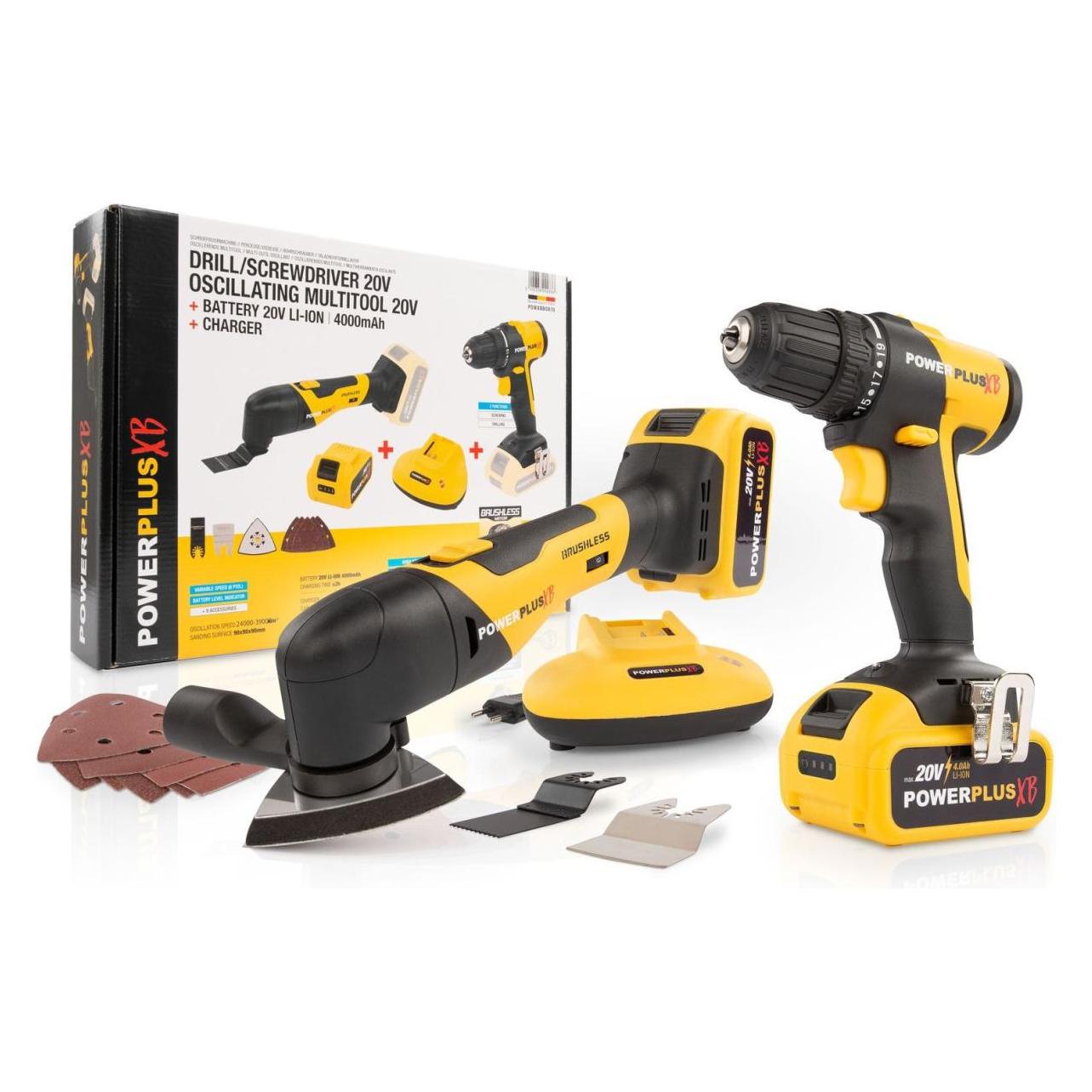 Powerplus Elektrowerkzeugset für den Hausgebrauch 2 Items - inkl. Akku 20V 4.0Ah und Ladegerät (Bohrschrauber) (POWXBBOX10)