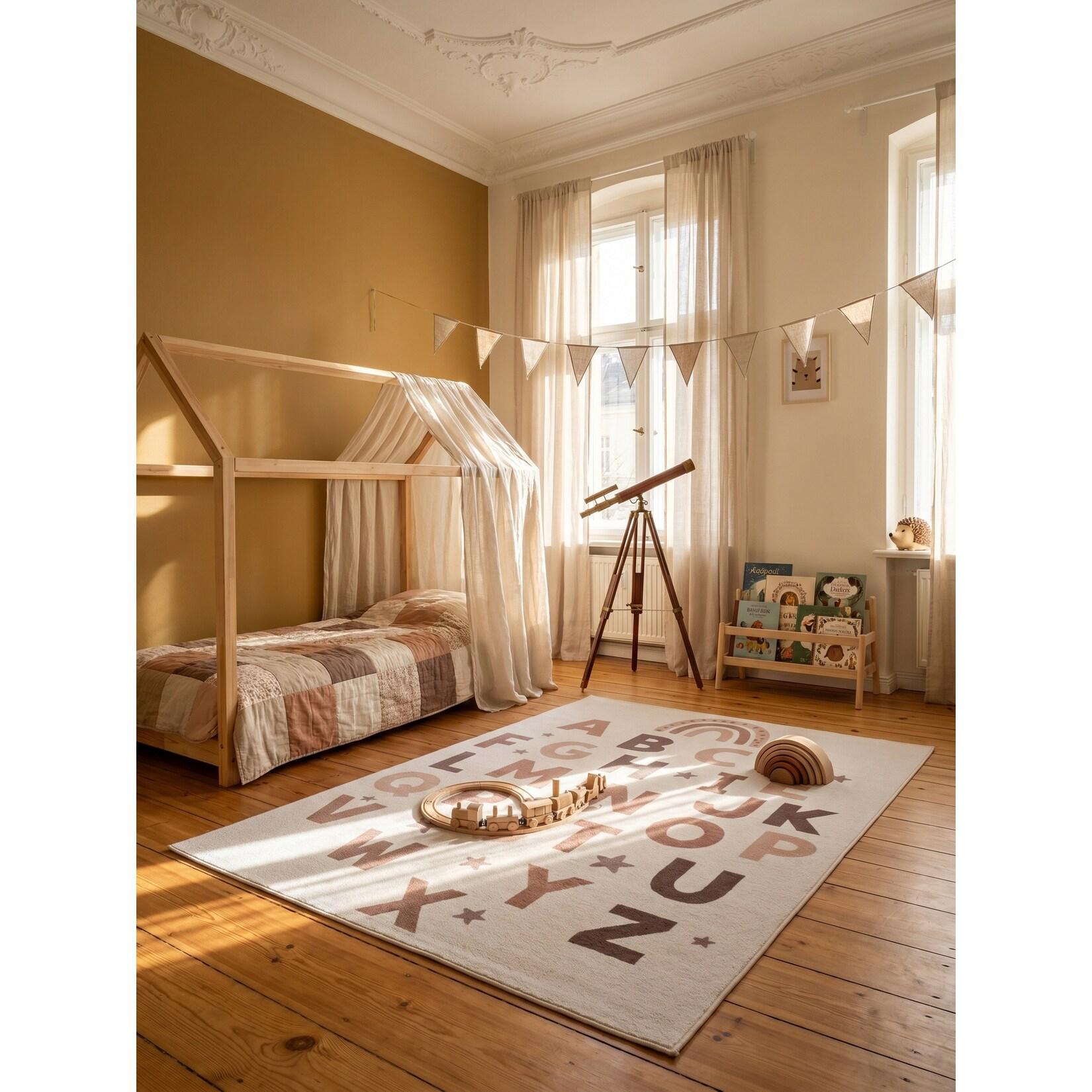 Kinderteppich Alphabet mit Regenbogen Creme 200x290 cm Waschbar