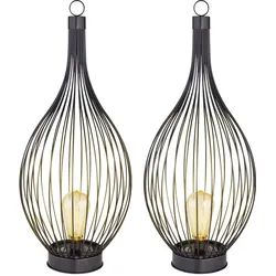 Solarlampe Außenleuchte Hängelampe LED Stehlampe Laterne Terrasse Käfig Filament, Metall schwarz, Akku, 1x LED, DxH 25x57 cm, 2er Set
