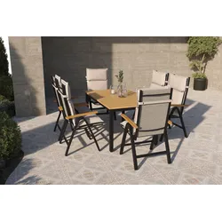 VILLANA Lagos Garten-Essgruppe, schwarz/dunkelgrau, Alu/Eukalyptus/Textilene, 150/200 x 90 cm, ausziehbar, klappbar, witterungsbeständig, FSC®-zertifiziertes Produkt