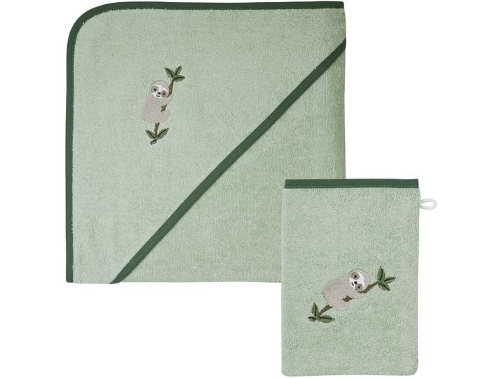 Handtuch Set WÖRNER Faultier Kapuzenbadetuch 100/100 mit Waschhandschuh , grün (helloliv), 2 Stk., Faultier, Frottier, Frottier, Obermaterial: 100% Baumwolle, Handtücher, Handtuch Set, mit süsser Stickerei Faultier