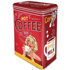 Nostalgic-Art Kaffeedose Hot Coffee Now, aus Metall, luftdicht, mit Bügelverschluss, mit Motiv, eckig, 1,3 Liter
