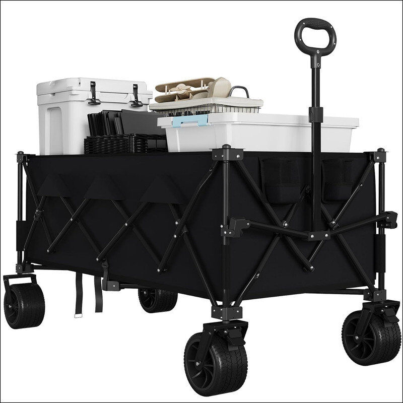 Blue Elephant Heavy Duty Foldable Wagon for Beach, Extra Large Collapsible Foldable Wagon for Camping, All Terrain Beach Wagons Extended with Cup Holders for Sand Black